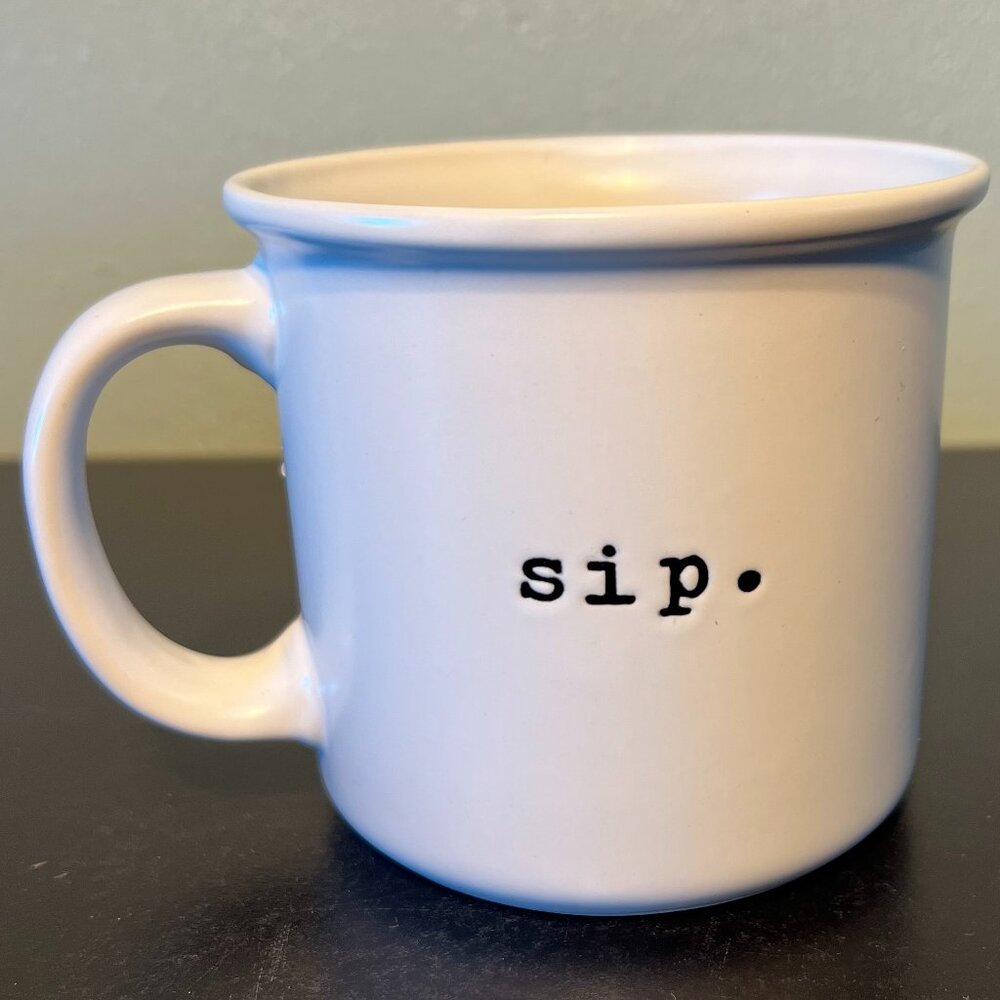 Nicole  Miller NEW YORK White Matte Glaze Typewriter Font Sip. Coffee Cup Mug